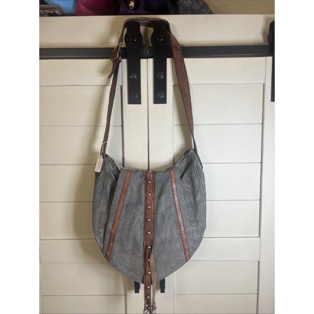 Mona B. Canvas Distressed Bag Purse Shoulder Crossbody Leather Trim Brown Boho